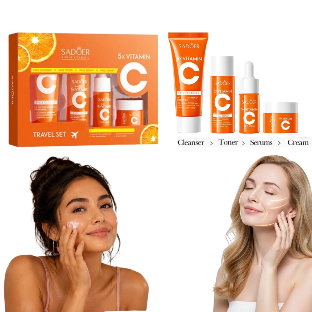 Skincare Vitamin C - SADOER 4-teiliges Gesichtscreme-Set Feuchtigkeitsspendende Straffende Essenz-Serum